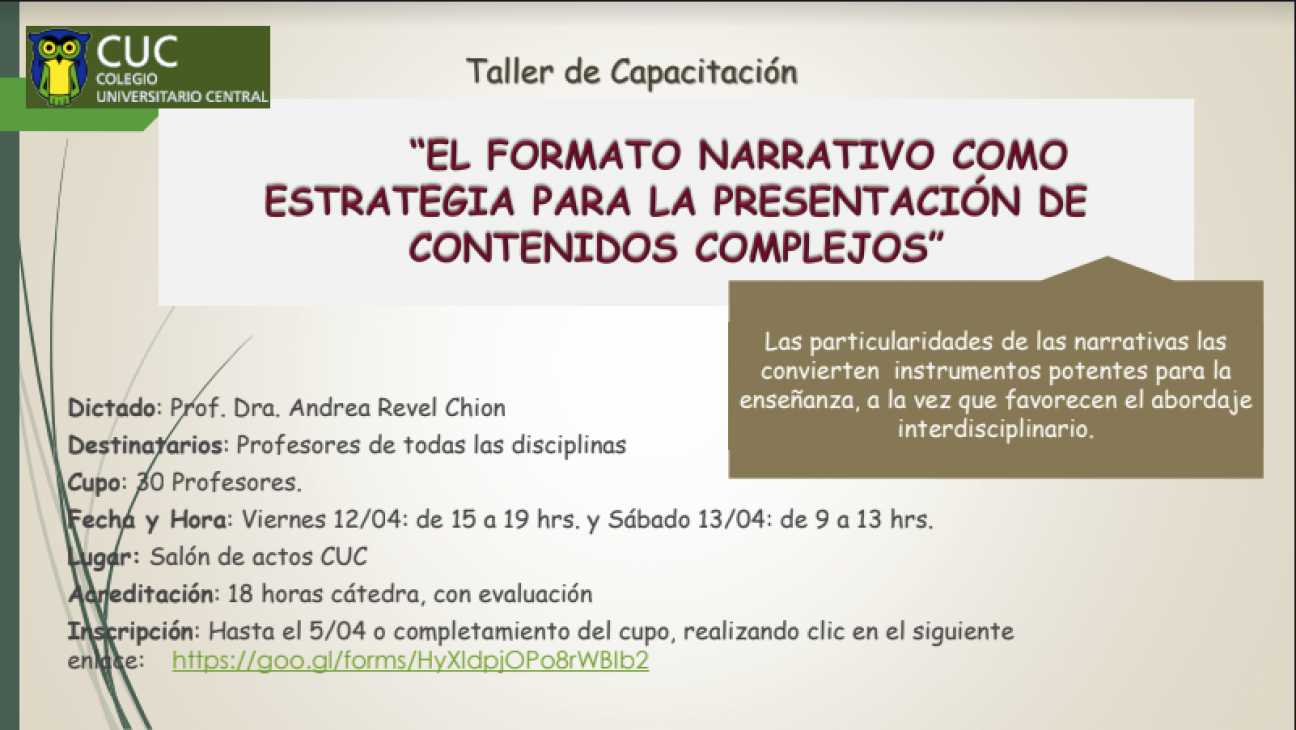 imagen Taller de Capacitación: El formato narrativo como estrategia para la presentación de contenidos complejos